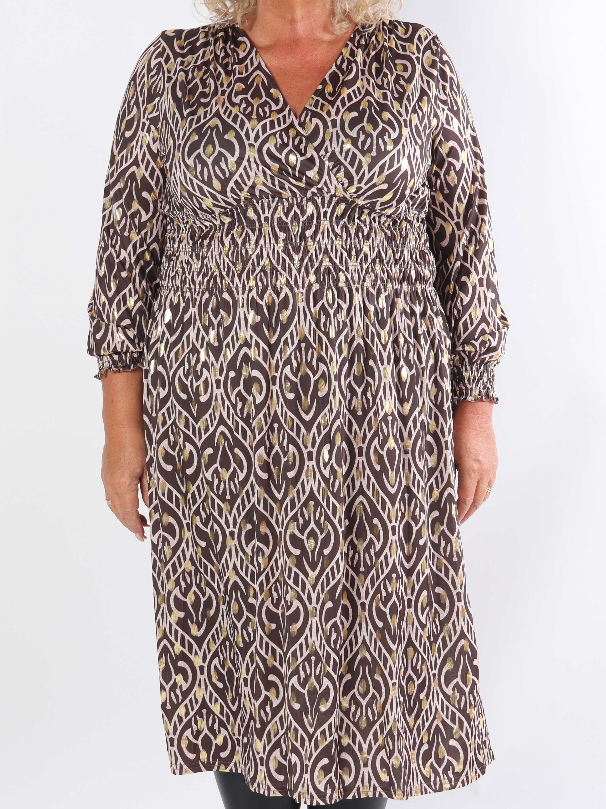 Pams Boho Midi L/S - Elastisk plus size-klänning i skrynkelfritt tyg